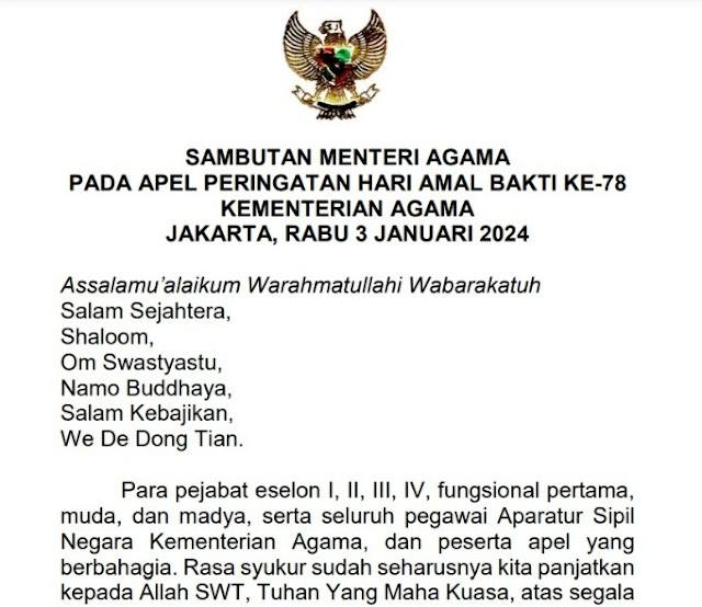 Sambutan Menteri Agama pada Peringatan Hari Amal Bakti ke-78 Kementerian Agama RI